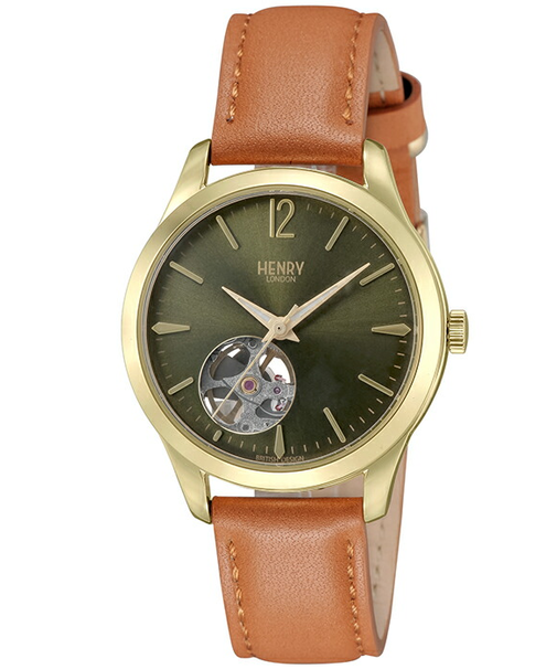 HENRY LONDON ヘンリーロンドン CHISWICK チズウィック メカニカル ペアモデル HL34-AS-0456 レディース 腕時計 機械式 オープンハート グリーンダイヤル ブラウン 革ベルト