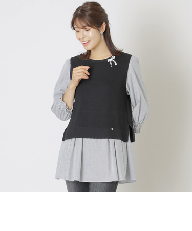 ストライプブラウスレイヤーニット