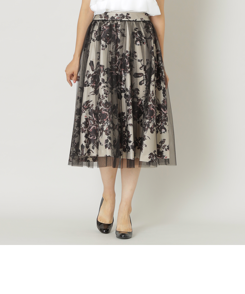 チュールレイヤーフラワープリント スカート