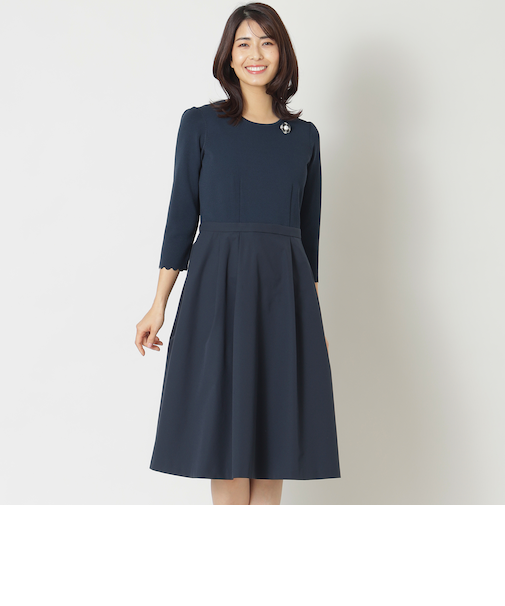 ニットタフタコンビスカラップ ワンピース