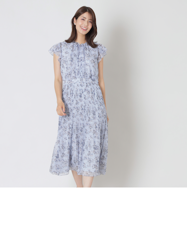 フラワーリボンプリント ギャザードレス