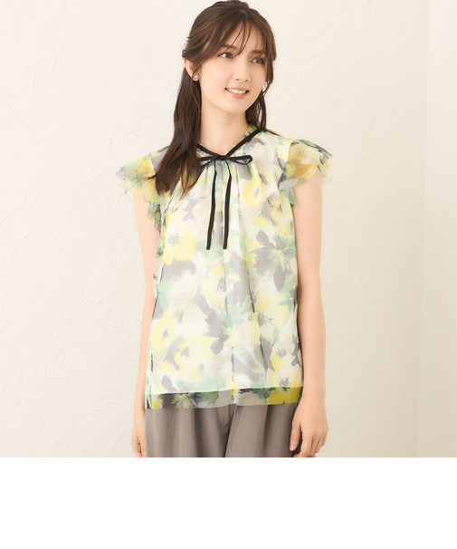ぼかしフラワー リボンブラウス