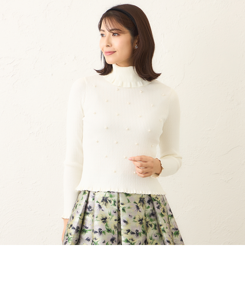 パールビジュー ケーブルリブニット