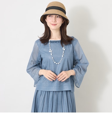 デニムプリント フリルボートネックブラウス