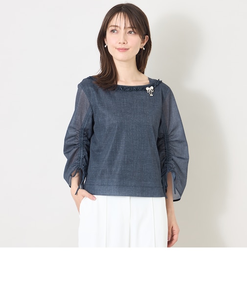 デニムプリント フリルボートネックブラウス