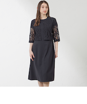 リネンライクポリエステルワンピース　レースボレロセット