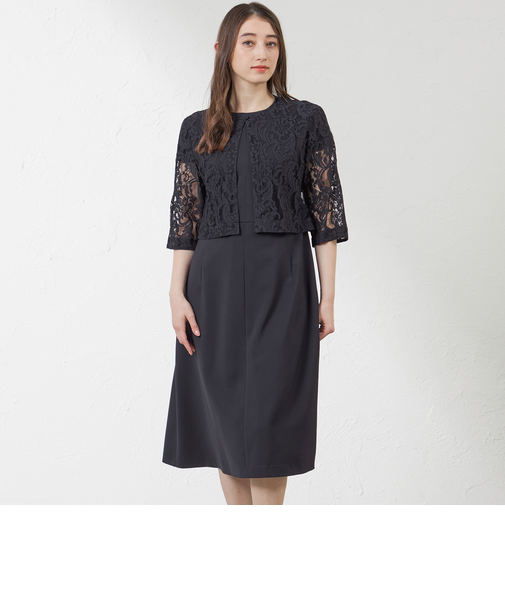 リネンライクポリエステルワンピース レースボレロセット