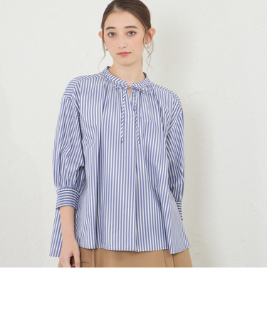 先染めストライプギャザーブラウス