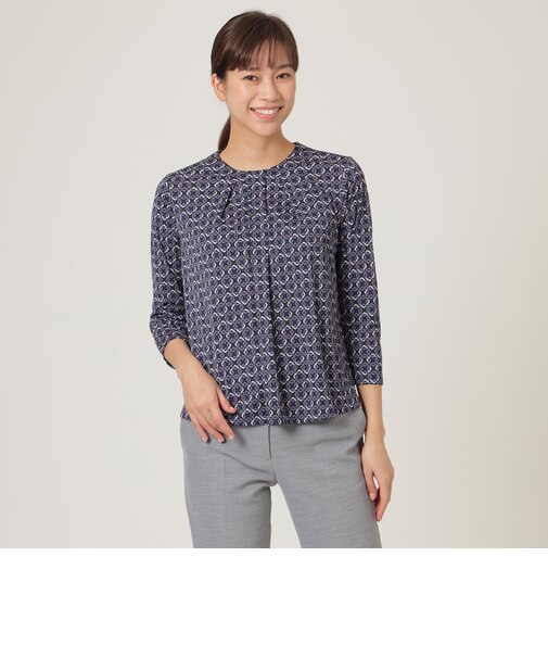 【ウォッシャブル】【UV対策】【吸水速乾】【接触冷感】ブロックチェーンプリントエアファインブラウス