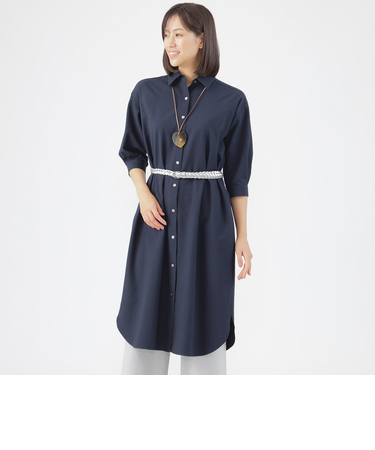 【吸水速乾】【防しわ】【ウォッシャブル】コードレーンストライプシャツワンピース