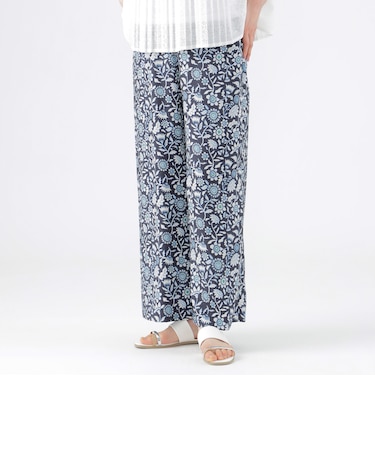 【ウォッシャブル】オリエンタルフラワープリントワイドストレートパンツ