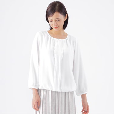 【ウォッシャブル】サテンジョーゼットカットソーコンビプルオーバーブラウス