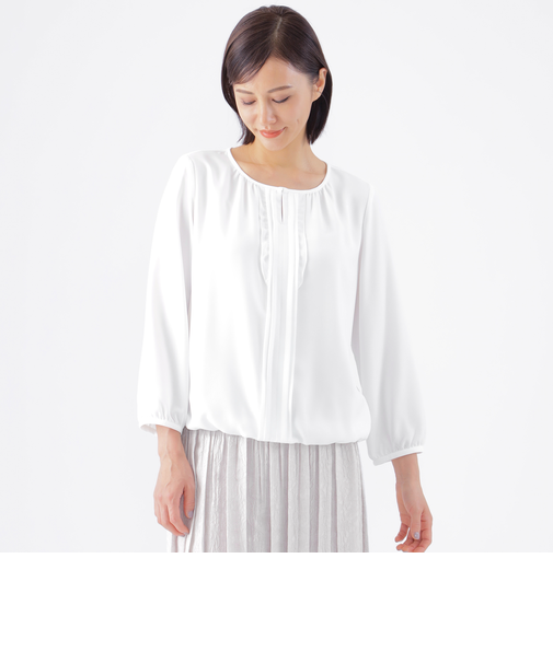 【ウォッシャブル】サテンジョーゼットカットソーコンビプルオーバーブラウス