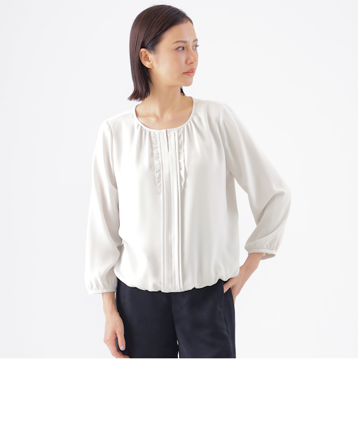 【ウォッシャブル】サテンジョーゼットカットソーコンビプルオーバーブラウス