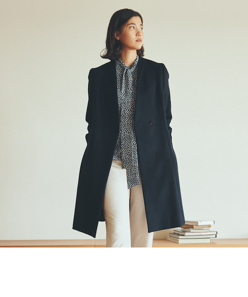 quaranciel: ウール ノーカラー ダブルフロント ミドル コート