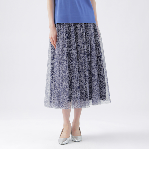 ウォッシャブル】チュールフラワープリントギャザーフレアー