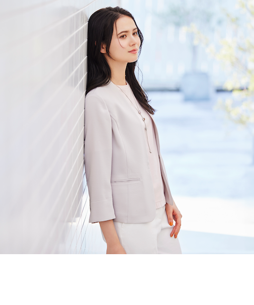 【美シリーズ】【UV対策】【着用しわ軽減】【ウォッシャブル】エアリーコードレーンノーカラージャケット