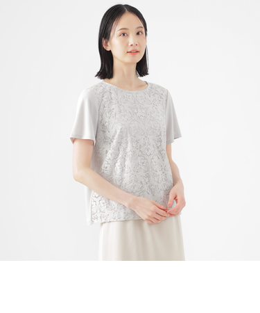 【ウォッシャブル】【接触冷感】ラッセルレースコンビスムースプルオーバーカットソー