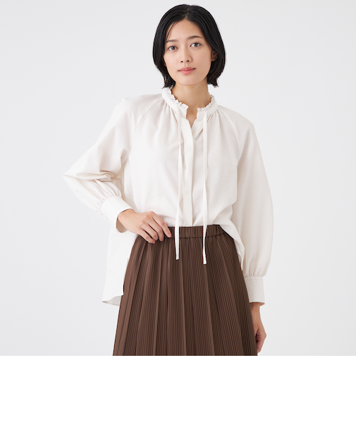 【ウォッシャブル/吸水速乾/防シワ】ギンガムサッカーブラウス