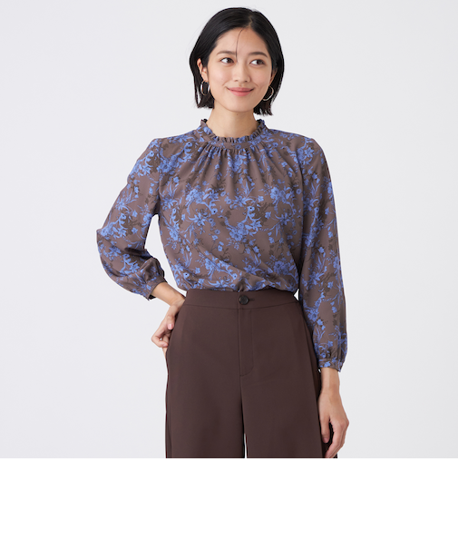 【ウォッシャブル】エッチングフラワープリントブラウス