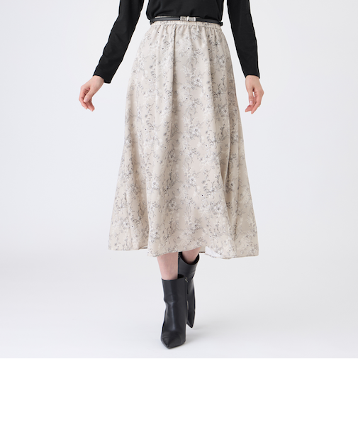 【ウォッシャブル】エッチングフラワープリントスカート