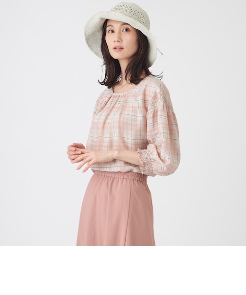 【ウォッシャブル】シアーチェックプリントブラウス