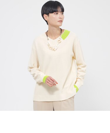 【ウォッシャブル】ポイントカラーVネックニット