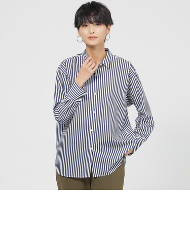 【マシンウォッシャブル】コットンライクストライプシャツブラウス