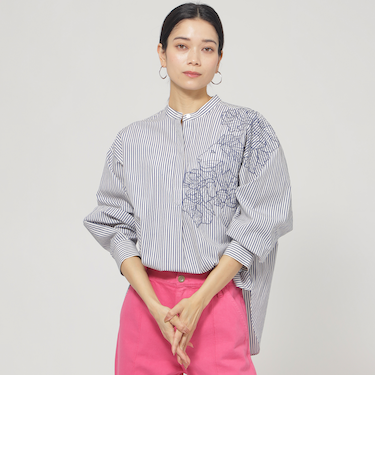 【ウォッシャブル】ラメストライプエンブロイダリーブラウス