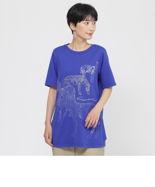 【接触冷感】【ウォシャブル】メタリックゼブラプリントチュニックカットソー