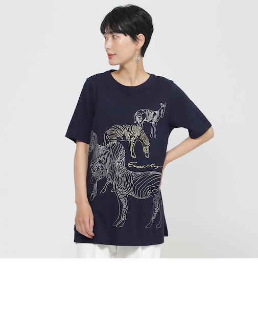 【接触冷感】【ウォシャブル】メタリックゼブラプリントチュニックカットソー