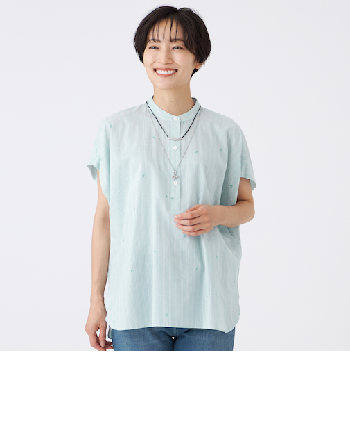 【マシンウォッシャブル】ストライプジャカードプルオーバーブラウス