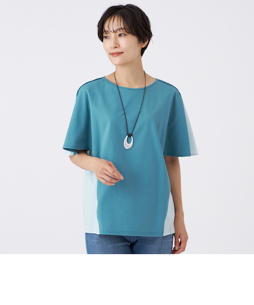 tシャツ 「L」「マシンウォッシャブル」ストライプジャカードコンビカットソー レディース マシンウォッシャブル】ストライプジャカードコンビカットソー