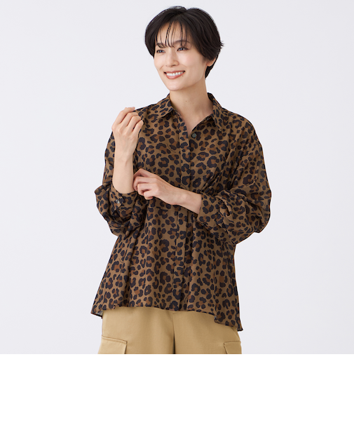 【接触冷感】【マシンウォッシャブル】パンサープリントペプラムシャツ