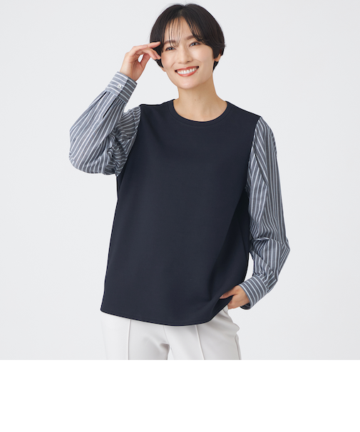 【ウォッシャブル】ストライプジャカードコンビプルオーバー