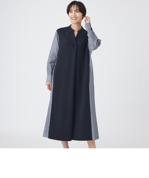 【カタログ掲載品】【ウォッシャブル】ストライプジャカードコンビワンピース