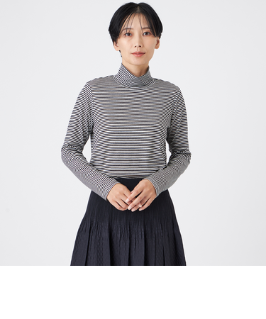【ウォッシャブル】ハーフミラノリブボーダーハイネックプルオーバー