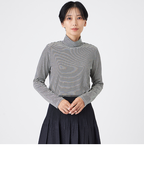 【ウォッシャブル】ハーフミラノリブボーダーハイネックプルオーバー