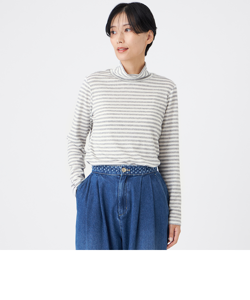 【ウォッシャブル】ハーフミラノリブボーダーハイネックプルオーバー