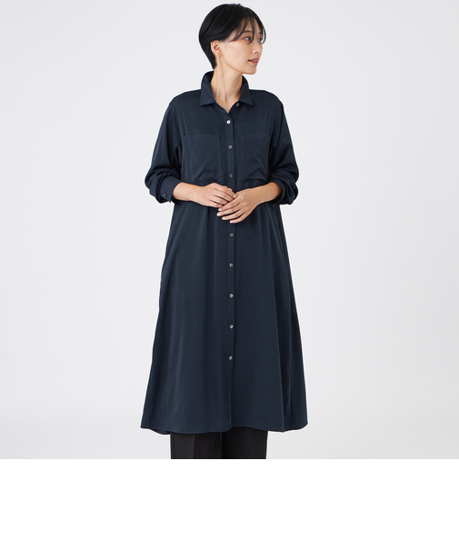 【マシンウォッシャブル】【放電テープ付き】フィブリルライクサテンシャツワンピース