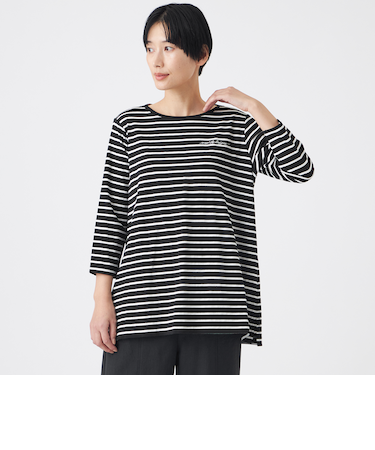 【ウォッシャブル】ロゴエンブロイダリーボーダーチュニックカットソー