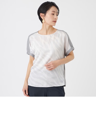 【カタログ掲載・ウォッシャブル】ゼブラプリントコンビフレンチスリーブカットソー