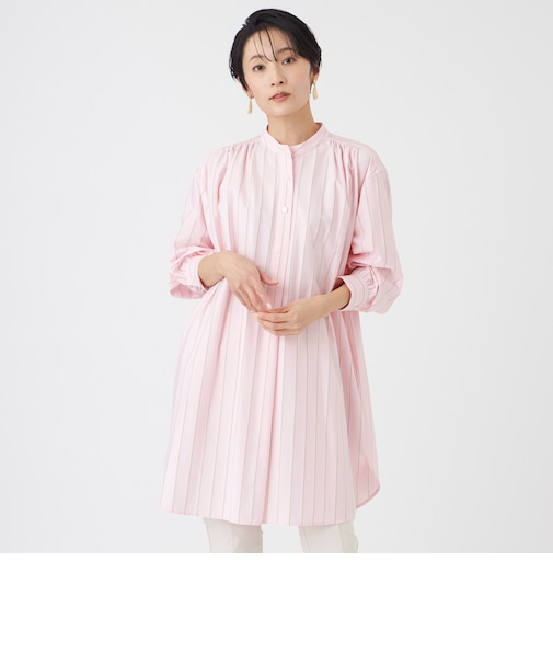 【カタログ掲載・ウォッシャブル】ハイゲージストライプジャージーチュニックブラウス