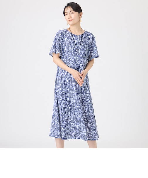 【接触冷感・マシンウォッシャブル】ミニチータープリントコンチェロフレアスリーブワンピース