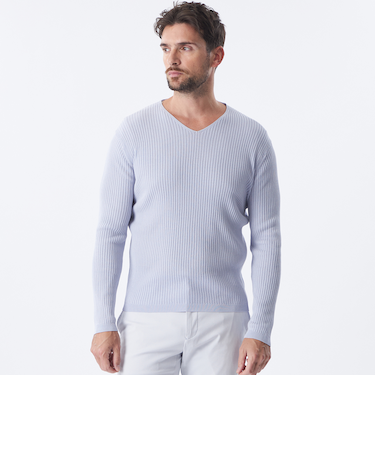 Vネックリブニット