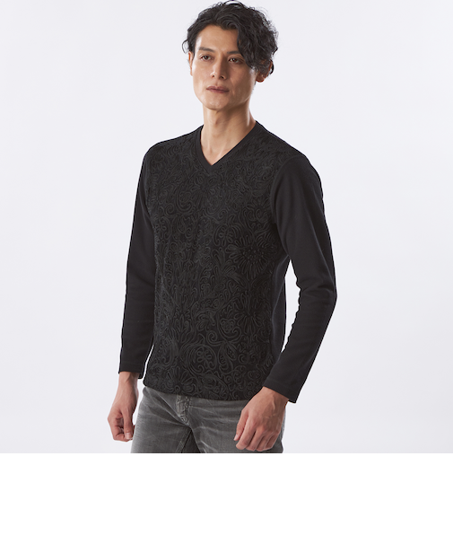 【PRIMA COLLECTION】ストライプベロア刺繍ロングスリーブTシャツ