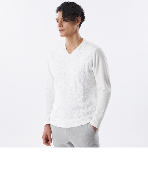 【PRIMA COLLECTION】ストライプベロア刺繍ロングスリーブTシャツ