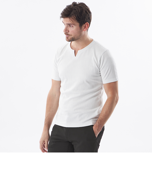 ランダムストライプキーネックカットソー