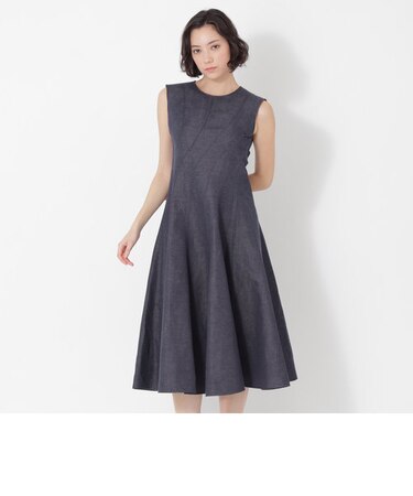 コットンリネン デニムフレアドレス