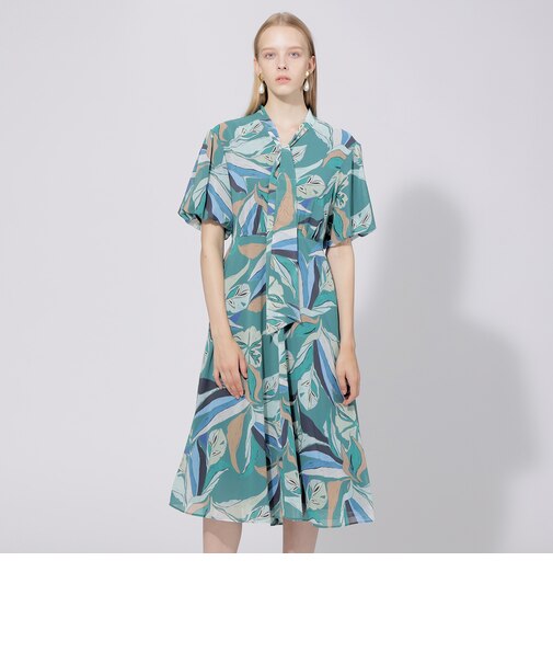 ハンドドローイングプリント　リボンタイドレス